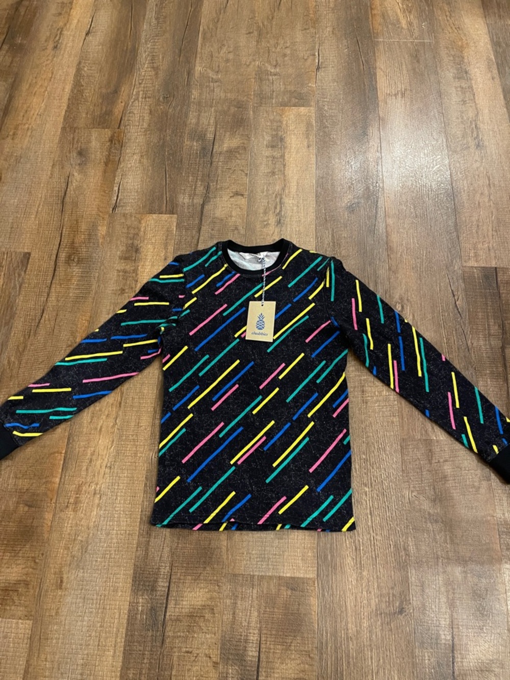 chubbies Black Crewneck Top with Neon Diagonal Stripes